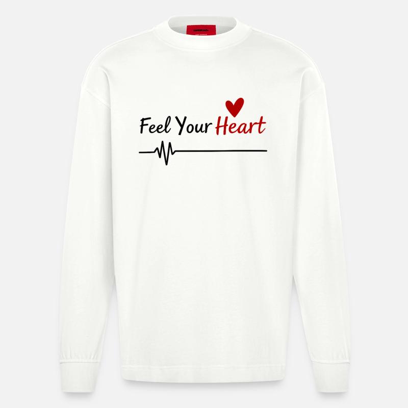 Feel Your Heart Statement Spruch - Heavyweight Oversized Organic Langarmshirt Made in EU - OFF WHITE