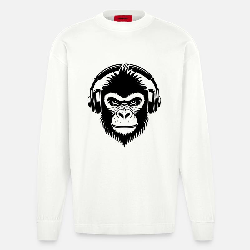 Frecher Comic-Affe mit Kopfhörern Shirt - Heavyweight Oversized Organic Langarmshirt Made in EU - OFF WHITE