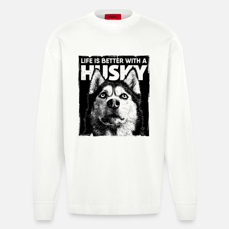 Life is better with a Husky - Heavyweight Oversized Organic Langarmshirt Made in EU - OFF WHITE