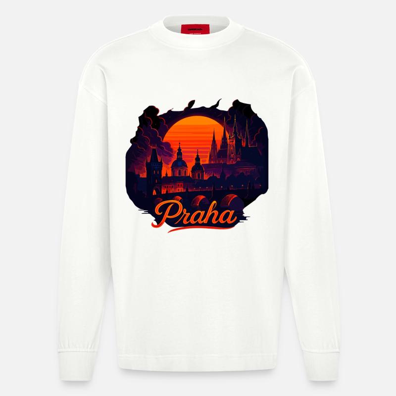 Praha Abendlicht Skyline Abendrot Geschenk - Heavyweight Oversized Organic Langarmshirt Made in EU - OFF WHITE