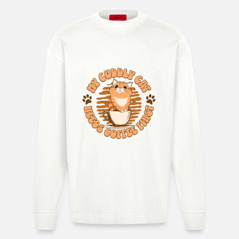 My Cuddly Cat - Needs Coffee First - Heavyweight Oversized Organic Langarmshirt Made in EU - OFF WHITE