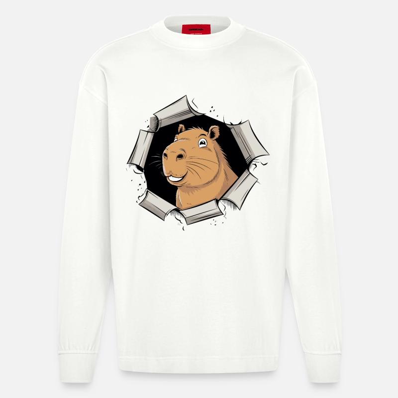 Capybara Comic – friedlicher Durchbruch - Heavyweight Oversized Organic Langarmshirt Made in EU - OFF WHITE