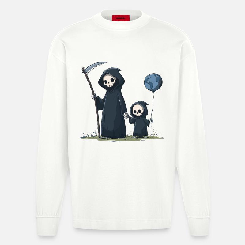 Süßer Grim Reaper mit Kind - Heavyweight Oversized Organic Langarmshirt Made in EU - OFF WHITE