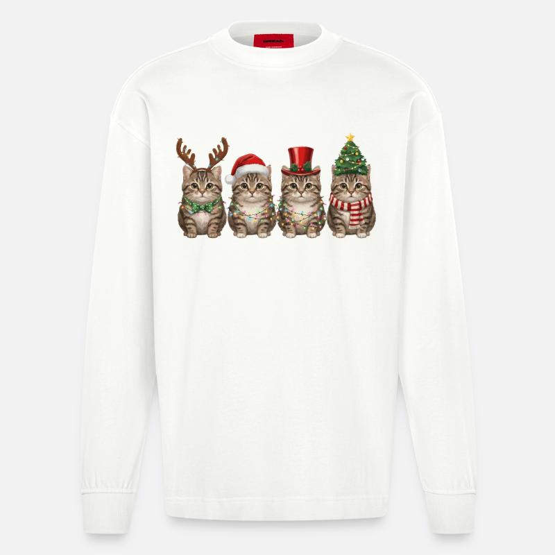 Getigerte Katze Weihnachtsmann Weihnachten  - Heavyweight Oversized Organic Langarmshirt Made in EU - OFF WHITE