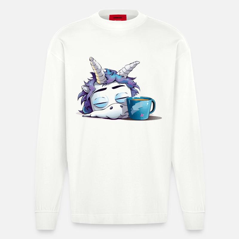 Schlafendes Einhorn und Kaffeebecher - Heavyweight Oversized Organic Langarmshirt Made in EU - OFF WHITE