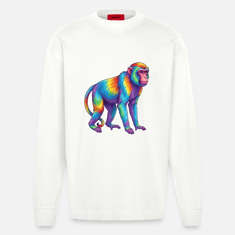 Bunte Affen-Regenbogen-Pop-Art-Aquarell - Heavyweight Oversized Organic Langarmshirt Made in EU - OFF WHITE