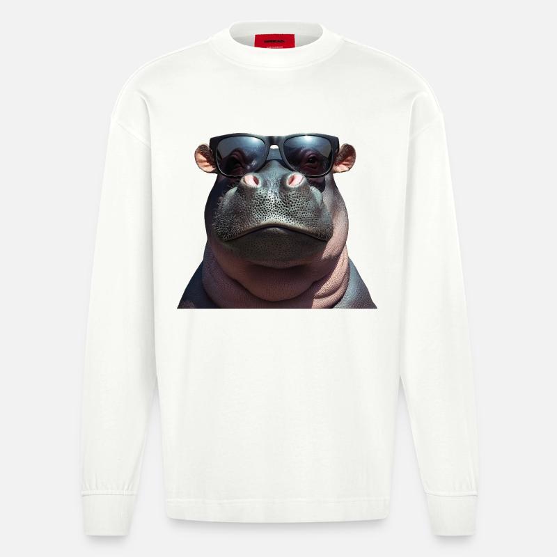 Nilpferd Flusspferd Hippo mit Sonnenbrille - Heavyweight Oversized Organic Langarmshirt Made in EU - OFF WHITE