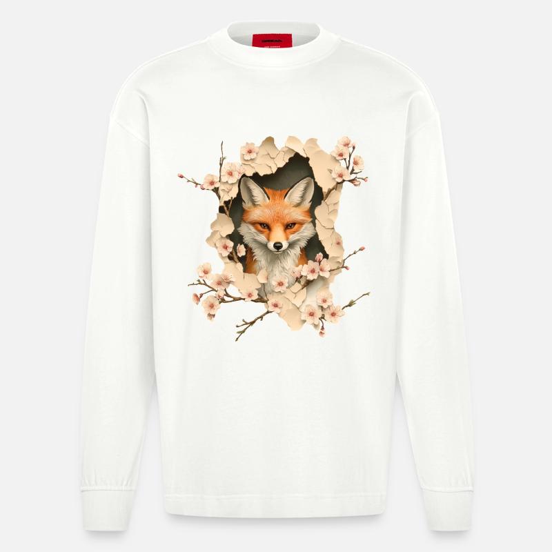 Fuchs mit Kirschblüten - Heavyweight Oversized Organic Langarmshirt Made in EU - OFF WHITE