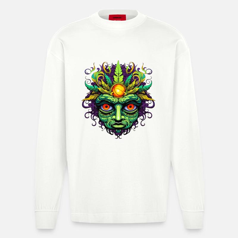 Psychedelisches Maskengesicht mit Sonnenkrone - Heavyweight Oversized Organic Langarmshirt Made in EU - OFF WHITE