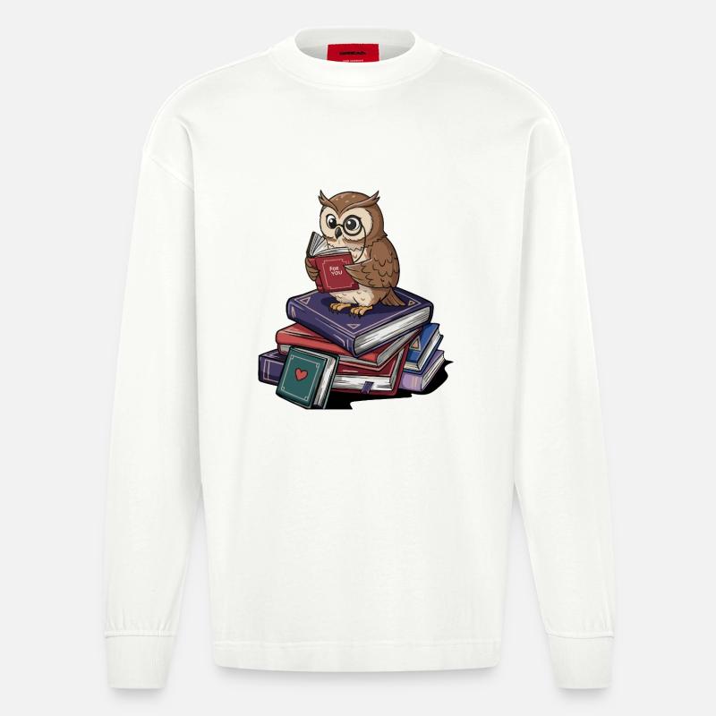Bücherwurm-Eule-Vogel liest Bücher Kunst - Heavyweight Oversized Organic Langarmshirt Made in EU - OFF WHITE