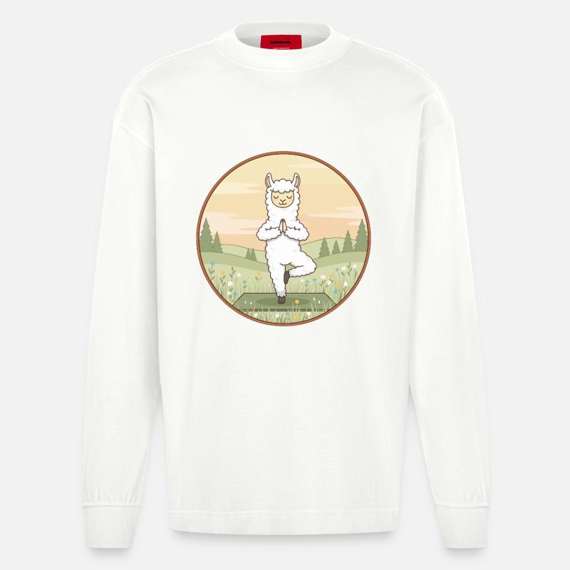 Yoga Llama Alpaca Doing Tree Pose - Heavyweight Oversized Organic Longsleeve Shirt Made in EU - OFF WHITE