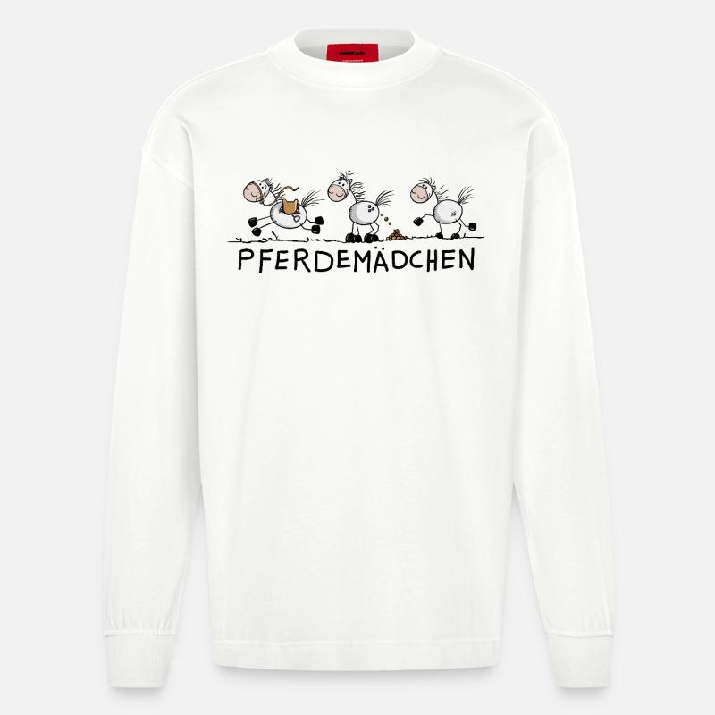 Pferdemädchen Pferde Strichmännchen Zeichnung  - Heavyweight Oversized Organic Langarmshirt Made in EU - OFF WHITE