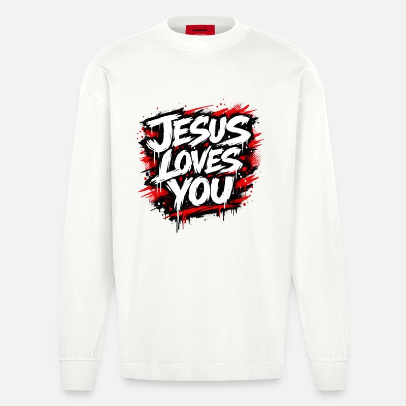 Jesus liebt dich Graffiti Statement - Heavyweight Oversized Organic Langarmshirt Made in EU - OFF WHITE
