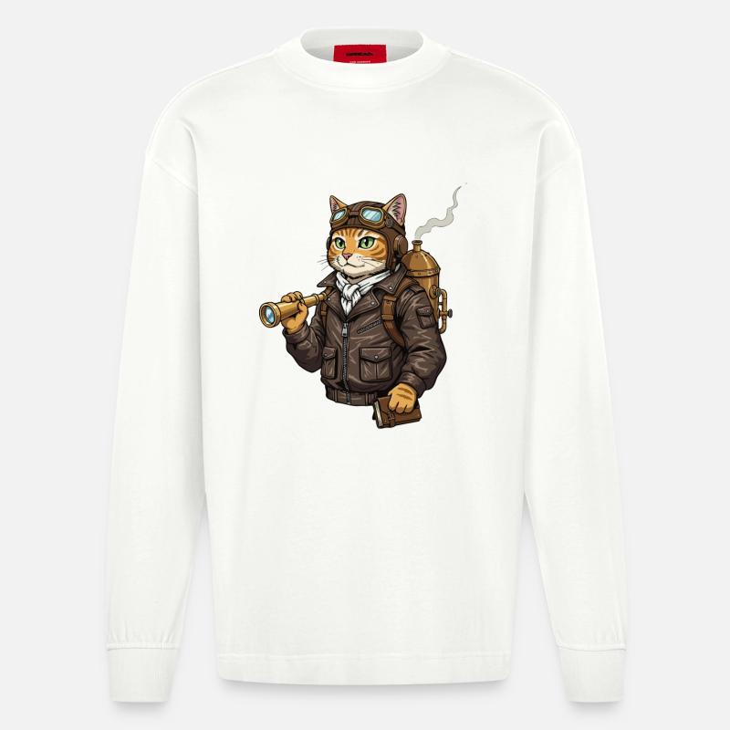 Chat Aviateur Steampunk Explorateur Curiosité - Manches longues bio épais oversize fabriqué en UE - OFF WHITE