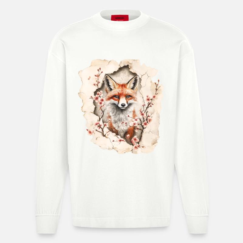 Fuchs mit Kirschblüten - Heavyweight Oversized Organic Langarmshirt Made in EU - OFF WHITE