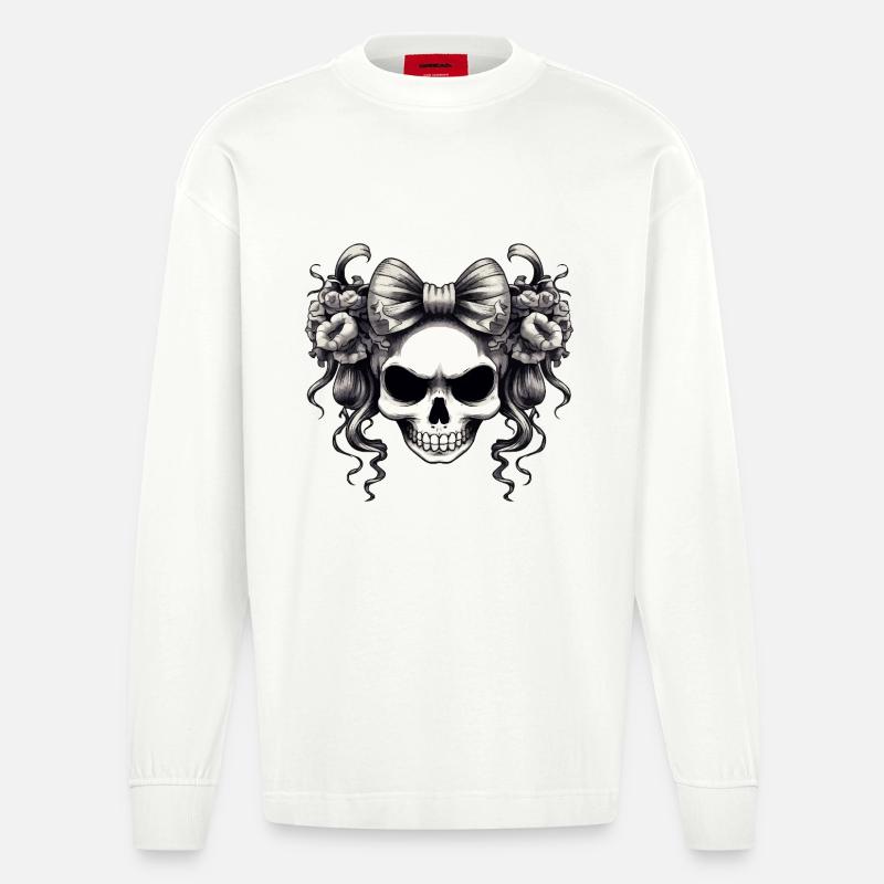 Schädel mit Schleife und Rosen - Heavyweight Oversized Organic Langarmshirt Made in EU - OFF WHITE