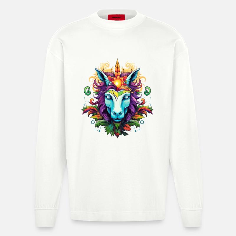 Buntes Einhornporträt mit Blattkrone - Heavyweight Oversized Organic Langarmshirt Made in EU - OFF WHITE