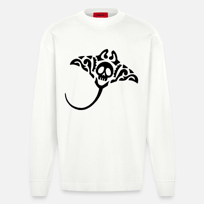 Manta Ray und Schädel (Schwarz) - Heavyweight Oversized Organic Langarmshirt Made in EU - OFF WHITE