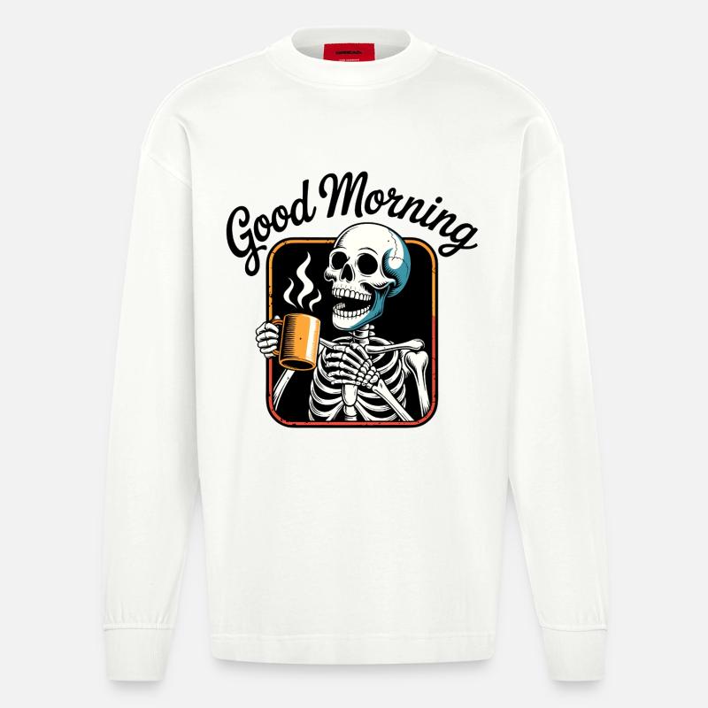 Kaffee-Skelett mit dampfender Tasse - Heavyweight Oversized Organic Langarmshirt Made in EU - OFF WHITE