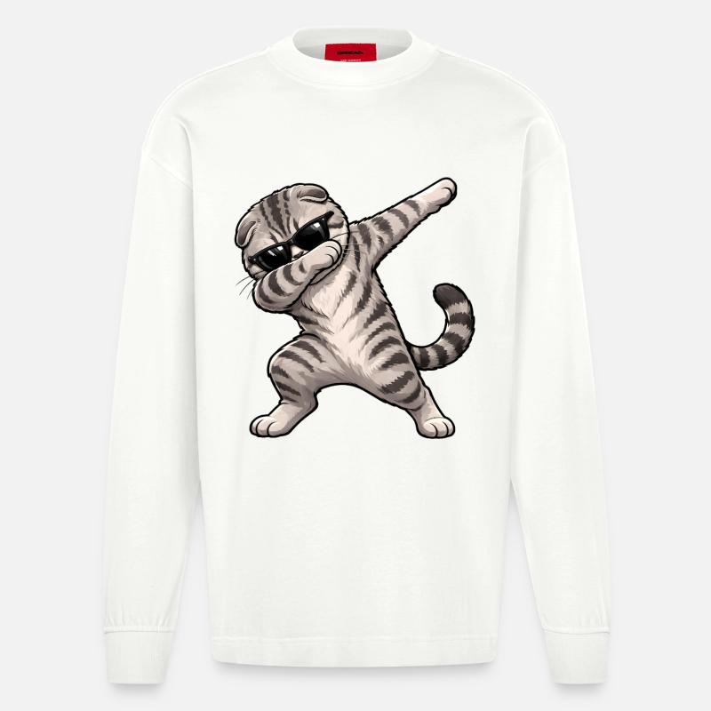 Dabbing Scottish Fold - Heavyweight Oversized Organic Langarmshirt Made in EU - OFF WHITE