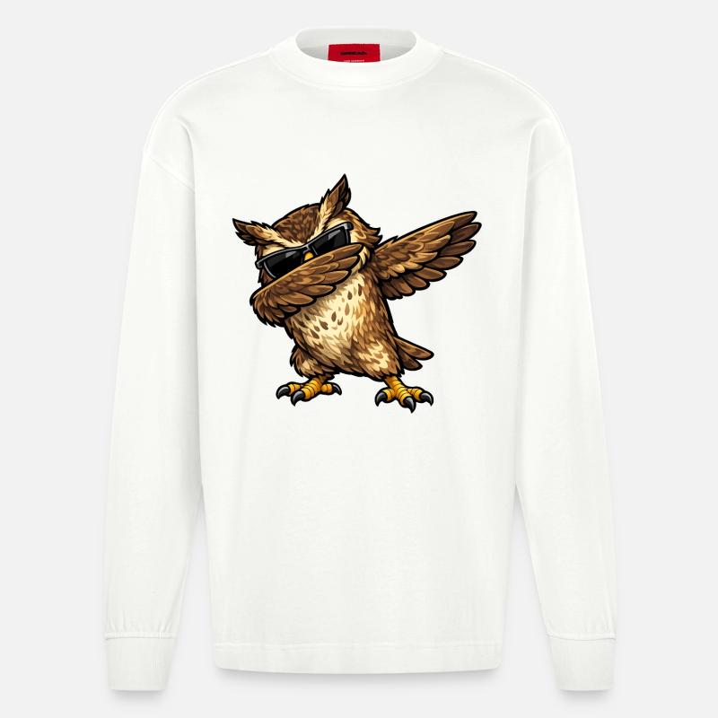 Dabbing Eagle Owl - Heavyweight Oversized Organic Longsleeve Shirt Made in EU - OFF WHITE