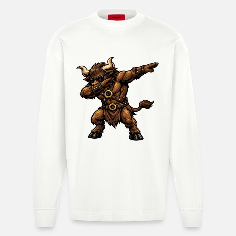 Dabbing Minotaurus - Heavyweight Oversized Organic Langarmshirt Made in EU - OFF WHITE