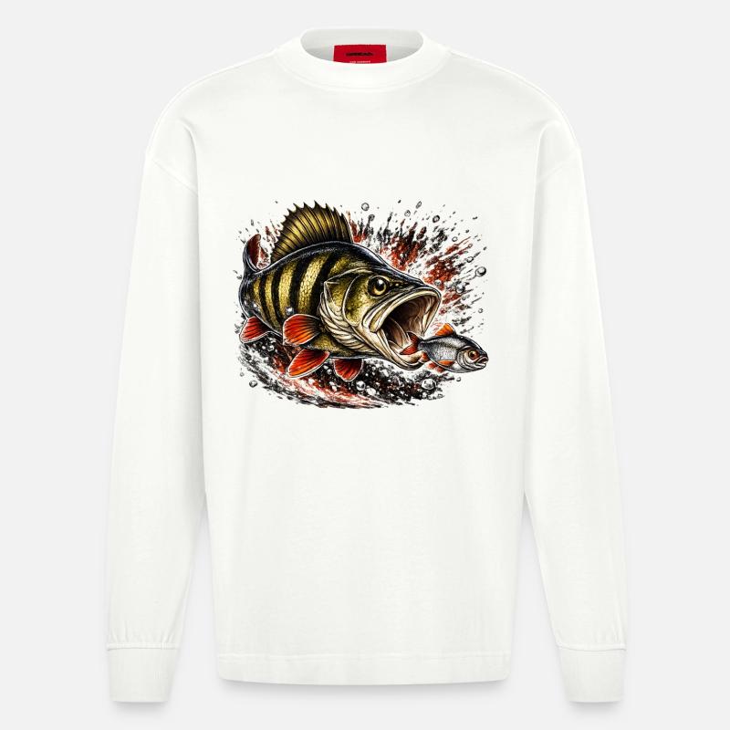 Explosive Perch Predator Fishing Design - Heavyweight Oversized Organic Longsleeve Shirt Made in EU - OFF WHITE