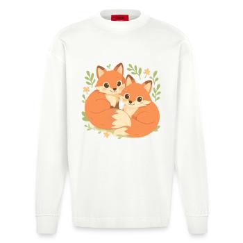 Deux adorables renards blottis dans la forêt - Manches longues bio épais oversize fabriqué en UE - OFF WHITE - Devant