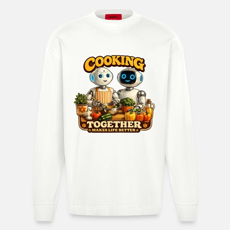 Roboter kochen gemeinsam - Heavyweight Oversized Organic Langarmshirt Made in EU - OFF WHITE