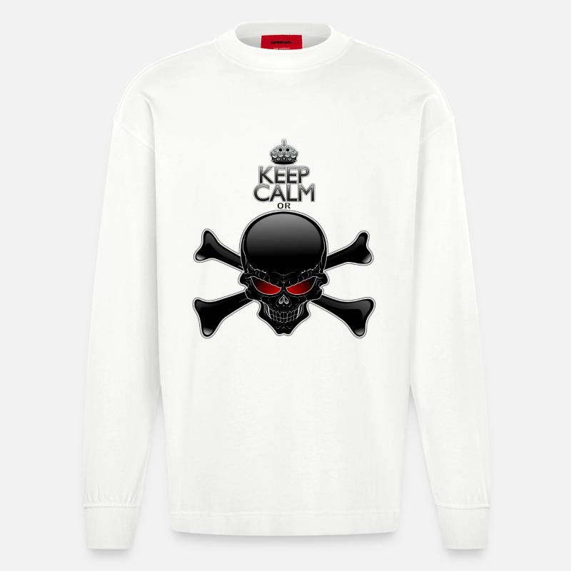 Bleib ruhig oder sterbe, Schwarzer Schädel - Heavyweight Oversized Organic Langarmshirt Made in EU - OFF WHITE