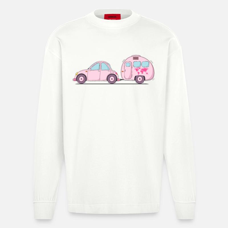 Auto mit Wohnwagen Rosa - Heavyweight Oversized Organic Langarmshirt Made in EU - OFF WHITE