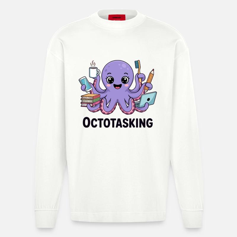 Octotasking Creature in Multitask Mode - Heavyweight Oversized Organic Longsleeve Shirt Made in EU - OFF WHITE