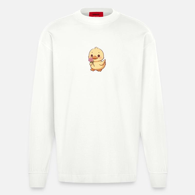 Poussin avec fleur - Manches longues bio épais oversize fabriqué en UE - OFF WHITE