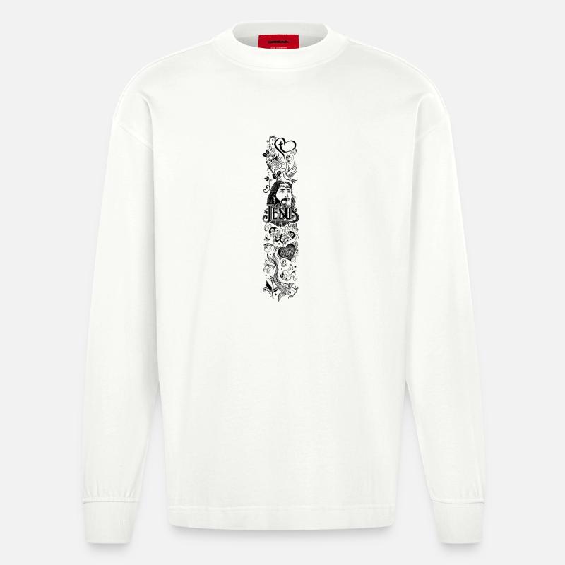 Ärmeldesign – Jesus Ethnostil schwarz - Heavyweight Oversized Organic Langarmshirt Made in EU - OFF WHITE
