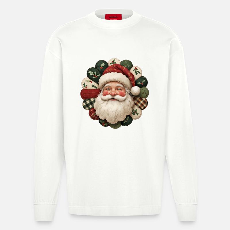 Patchwork Weihnachtsmann Motiv - Heavyweight Oversized Organic Langarmshirt Made in EU - OFF WHITE