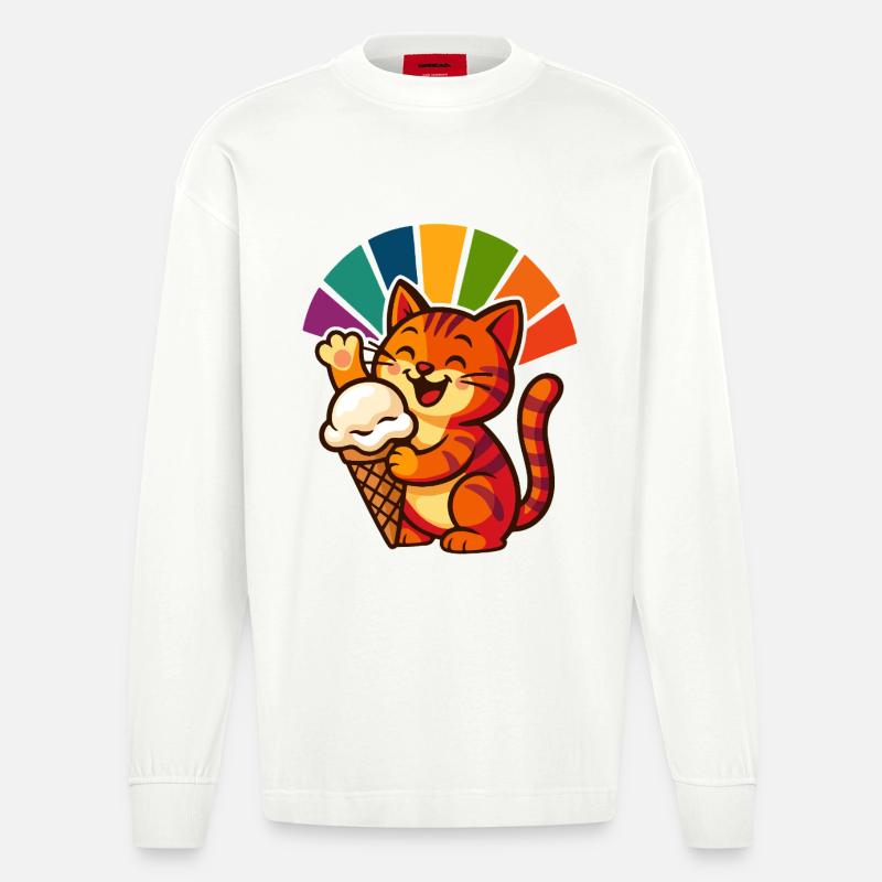Regenbogen Katze Eisbecher Freude - Heavyweight Oversized Organic Langarmshirt Made in EU - OFF WHITE