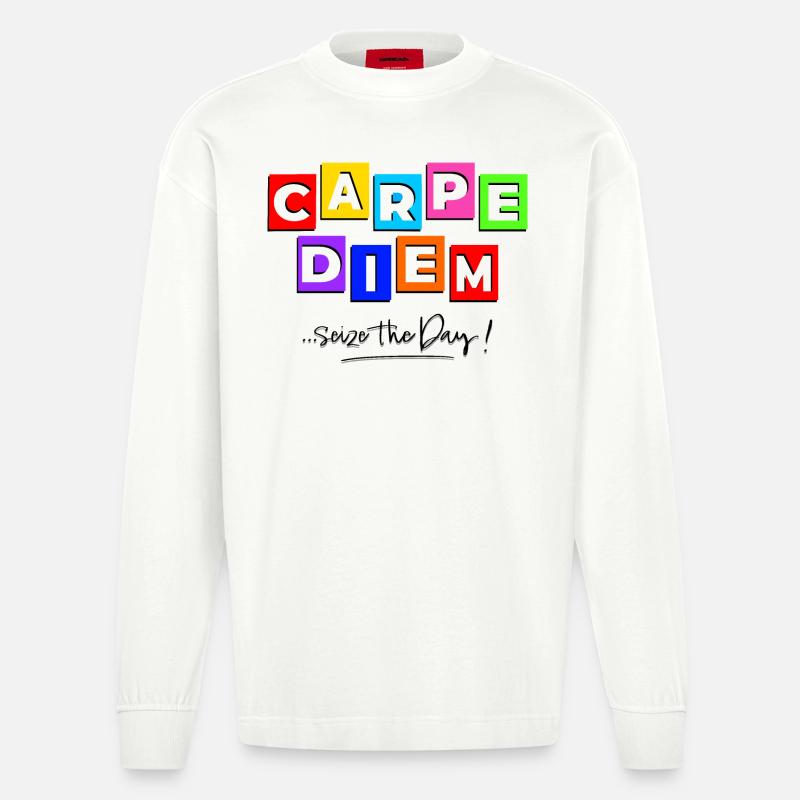 Carpediem im Comic-Stil - Heavyweight Oversized Organic Langarmshirt Made in EU - OFF WHITE