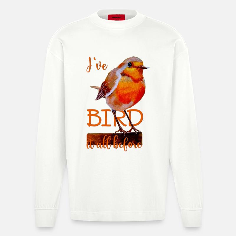 Robin oiseau mignon Oiseau tout avant - Manches longues bio épais oversize fabriqué en UE - OFF WHITE