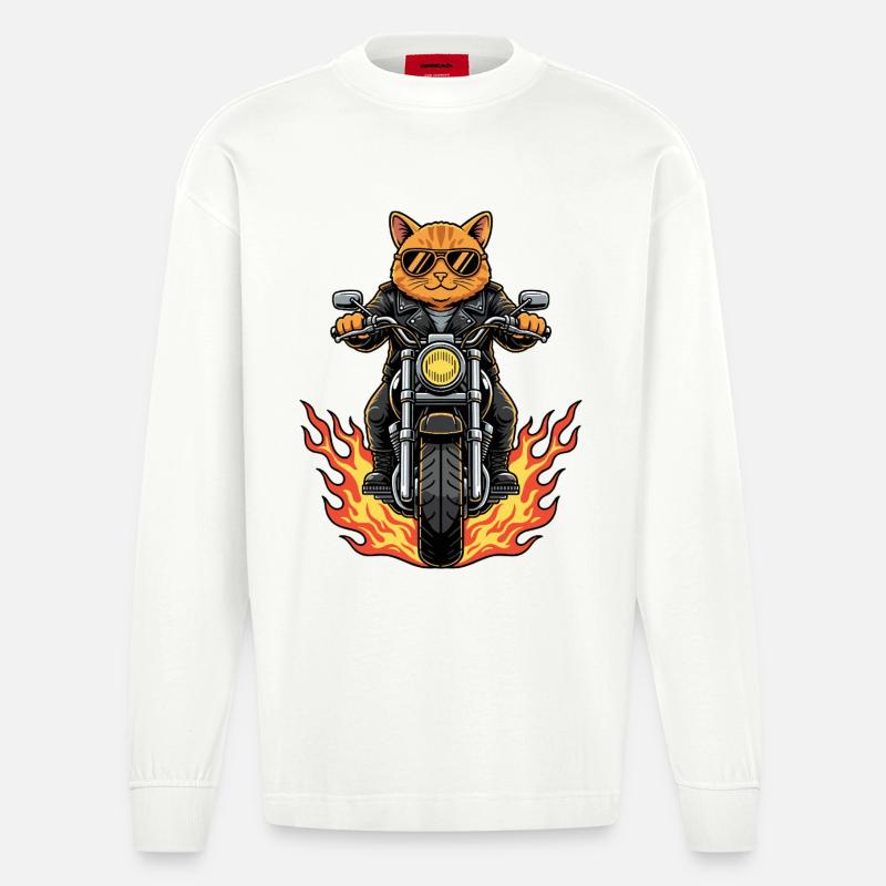 Coole Biker Katze Motorradflammen - Heavyweight Oversized Organic Langarmshirt Made in EU - OFF WHITE