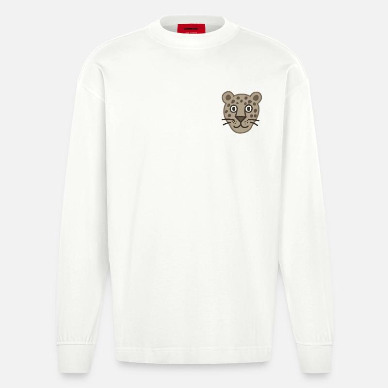 Dessin animé mignon visage de léopard - Manches longues bio épais oversize fabriqué en UE - OFF WHITE