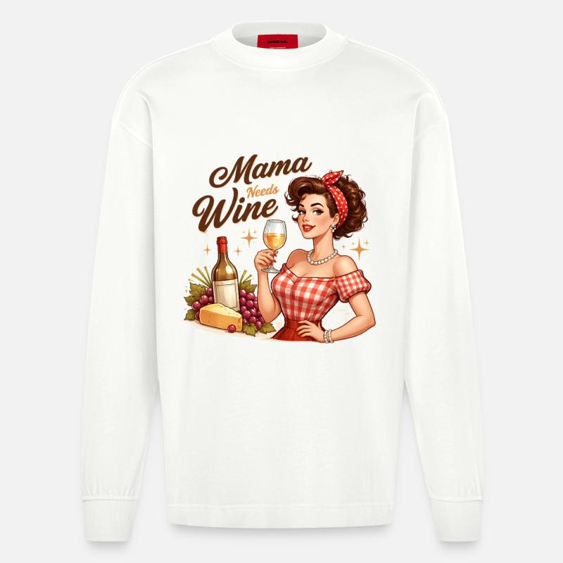 Mama Braucht Wein. Mama needs Wine - Heavyweight Oversized Organic Langarmshirt Made in EU - OFF WHITE