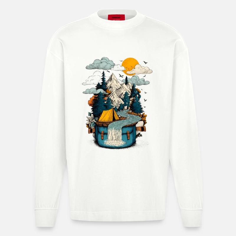 Bergsee Pfad - Camping Backpacker Motiv - Heavyweight Oversized Organic Langarmshirt Made in EU - OFF WHITE