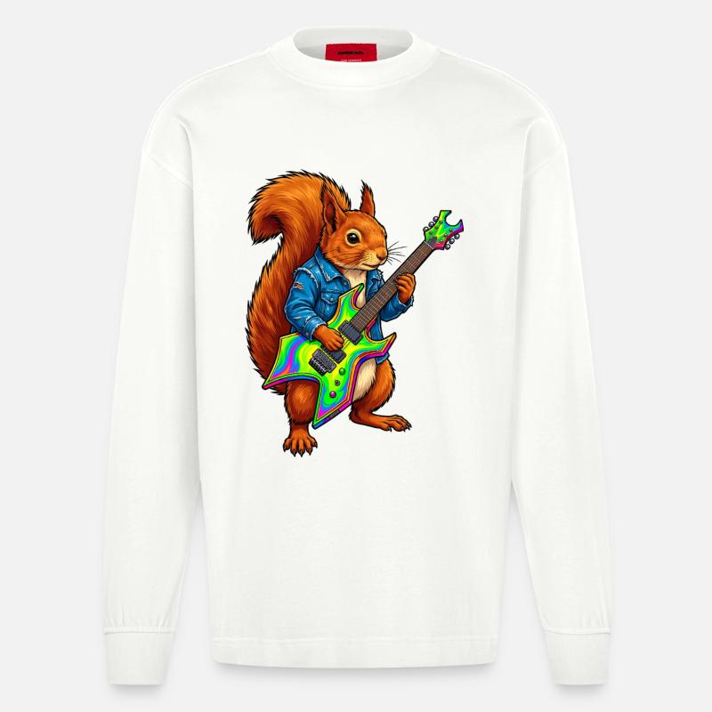 Eichhörnchen mit Jacke und E-Gitarre - Heavyweight Oversized Organic Langarmshirt Made in EU - OFF WHITE