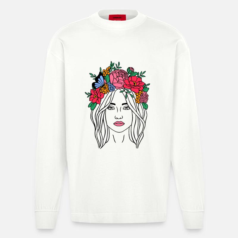 Boho Blumenfrau - Heavyweight Oversized Organic Langarmshirt Made in EU - OFF WHITE