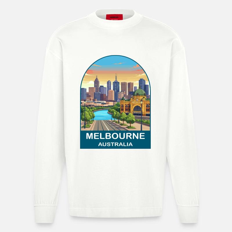 Melbourne, Australien, Flinders St Reiseplakat - Heavyweight Oversized Organic Langarmshirt Made in EU - OFF WHITE