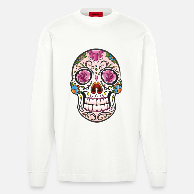 Mexican Sugar Skull, day of the dead - Manches longues bio épais oversize fabriqué en UE - OFF WHITE