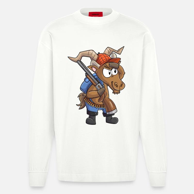 Steinbock Jäger / Steinbock mit Jagdgewehr - Heavyweight Oversized Organic Langarmshirt Made in EU - OFF WHITE