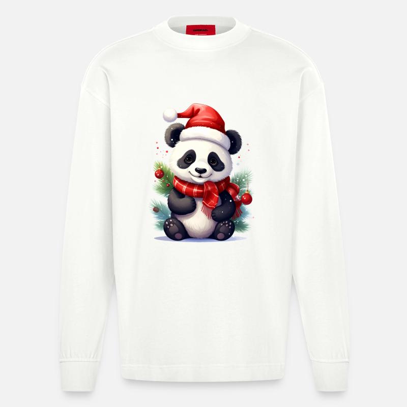 Mignon panda de Noël avec écharpe - Manches longues bio épais oversize fabriqué en UE - OFF WHITE