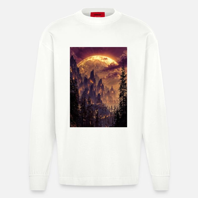 Feuriger Gipfel in der Abenddämmerung - Heavyweight Oversized Organic Langarmshirt Made in EU - OFF WHITE