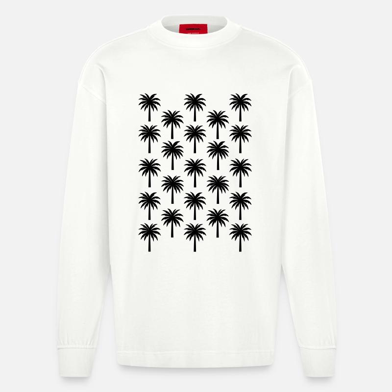 Palm Tree Pattern Black Palm Tree - Heavyweight Oversized Organic Longsleeve Shirt Made in EU - OFF WHITE
